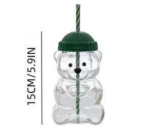 Vaso de Vidrio Clásico Reutilizable con Tapa Transparente y Pajita para el Regreso a Clases, Hogar, Oficina, Hotel, Taza con Forma de Oso Adorable - Product Image 5