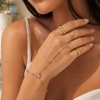 SUMMLY Geometrisches Zirkon-Kettenarmband und Verstellbarer Ring, 18K Vergoldeter Edelstahl, Wasserfestes Schmuckset für Damen