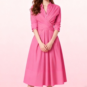 เดรสลำลองแขนยาวสีพื้นผูกเอวทรงเข้ารูปคอปกสำหรับฤดูร้อนแฟชั่น - Product Image 4