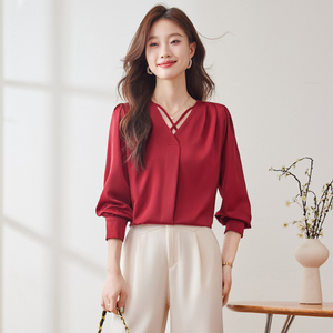 여성 한국 스타일 풀 슬리브 V 넥 블라우스 & 셔츠 일과 비즈니스를 위한 드레시 캐주얼 - Product Image 3