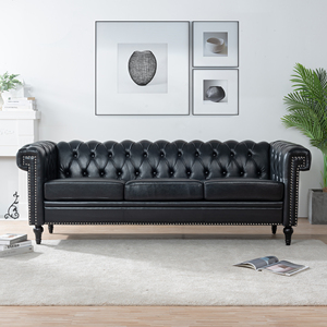 Sofá Chesterfield de Cuero Genuino Negro Vintage, con Mechones, de Lujo, para Sala de Estar, Juego de 3 Plazas, Convertible, Muebles para Vestíbulo de Hotel - Product Image 1