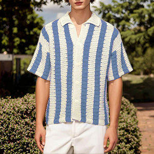 Haute qualité hommes rayé à manches courtes simple boutonnage squelette tricoté pour polos vêtements respirants revers Cardigan - Product Image 1