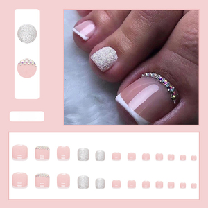 Nouvelles faux ongles d'orteils à presser, style French Manucure, avec motifs brillants et strass, pour l'été - Product Image 2