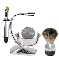 Kit de Rasage Humide ZY 6 Lames avec Rasoir Manuel, 5 Pièces, Brosse en Poils de Blaireau, Bol, Support et Coffret Cadeau – Soin Homme, Commande en Gros, Ensemble de Luxe de Haute Qualité