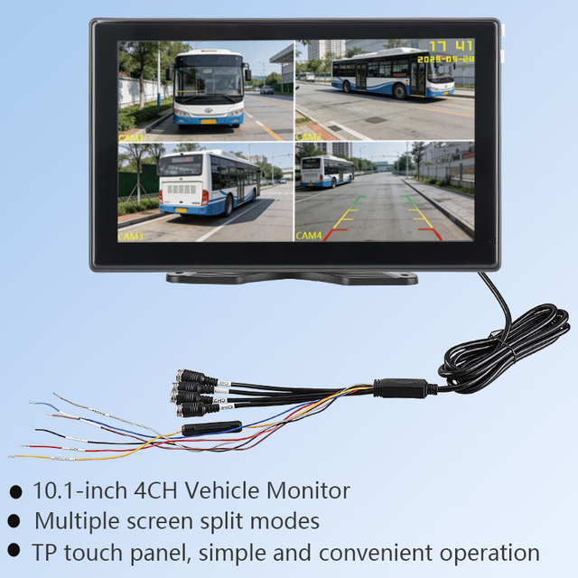 10.1-inch 4CH Vehicle Monitor, 4-screen Split Display with 1920*1080 HD Input, Supports Loop Recording up to 256G.