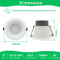 Downlight LED Comercial 5CCT Regulable de 6 Pulgadas 26W 22W 16W IP54, Foco LED Empotrable para Techo