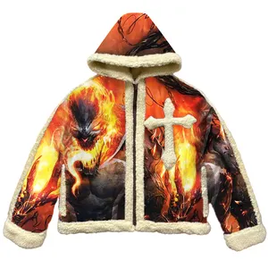 Wholesale polar fleece custom 3D print pattern winter hooded jackets clothes for men