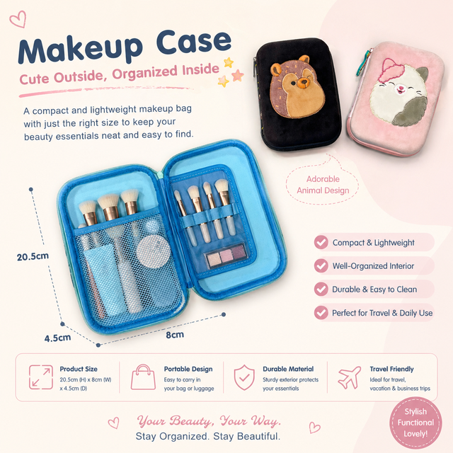 Portable Makeup Bag Pencil Case Organizer Cute Animal Cosmetic Storage Pouch Travel Toiletry & Stationery Bag