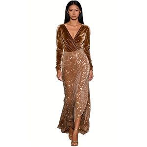 ชุดแม็กซี่สีบรอนซ์กำมะหยี่ & ปักเลื่อมสำหรับผู้หญิงเดรสทางการแขนยาวคอวีลึก - Product Image 2