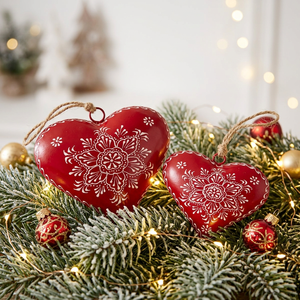 Ornements de Noël en métal rouge en forme de cœur avec motif floral blanc, décoration suspendue pour arbre de Noël - Product Image 4