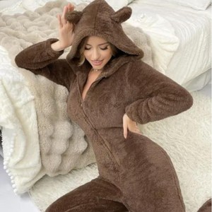 Pijama Enterizo con Capucha de <span class=keywords><strong>Oso</strong></span> Pardo para <span class=keywords><strong>Mujer</strong></span>, Suave y Cálido, de Franela, Manga Larga, para Otoño e Invierno - Product Image 1