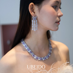 Ensemble de collier, bracelet et boucles d'oreilles en zircon violet de luxe pour femmes, bijoux élégants en cristal pour mariage, soirée, robe de soirée - Product Image 3