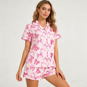 Ensemble de pyjama décontracté deux pièces pour femme à <span class=keywords><strong>manches</strong></span> <span class=keywords><strong>courtes</strong></span> en tissu tricoté doux avec taille élastique – Vente en gros - Product Image 4