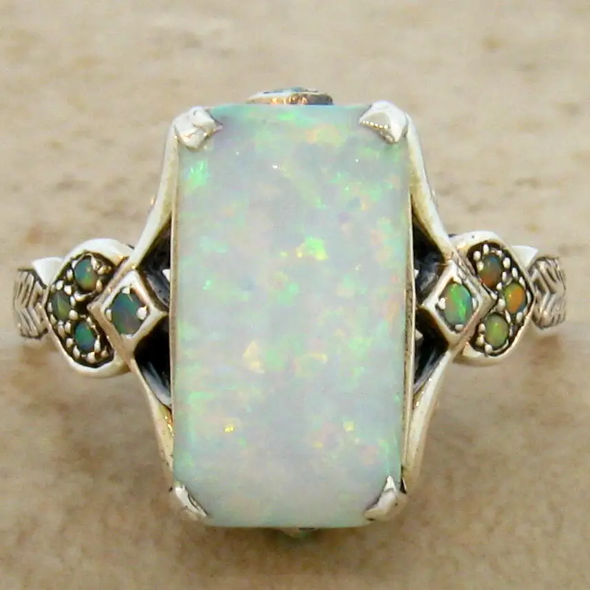 Unique Vintage Natural Engagement Square Opal Ring