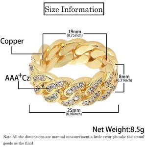 Anillos Cubanos de Latón Chapado en Oro de 18K para Hombre, con Zirconia de 8mm en Una Sola Hilera, Estilo Geométrico Moderno, Regalo para Fiesta o Aniversario - Estilo Hip-Hop Popular - Product Image 3