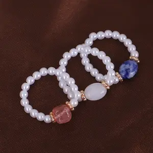 Fashion Natural Blue Pink Clear Cut Stone With Pearls Beaded Rings Healing Crystals Elastic Reiki Handmade Jewelry