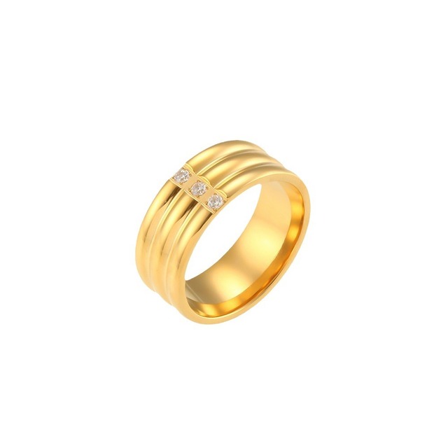 Fashion Luxury Zircon Jewelry Women Stainless Steel Plated 18K Gold Three Curved Diamond Ring