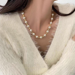 Versátil elegante Sexy Circular moda latón redondo 10mm blanco perla clavícula gota perla gargantillas collar de cadena larga para mujer - Product Image 6