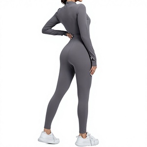 Combinaison longue grise pour femme à manches longues et taille haute avec fermeture éclair, coupe ajustée, en Spandex et Polyester, idéale pour le yoga - Product Image 5