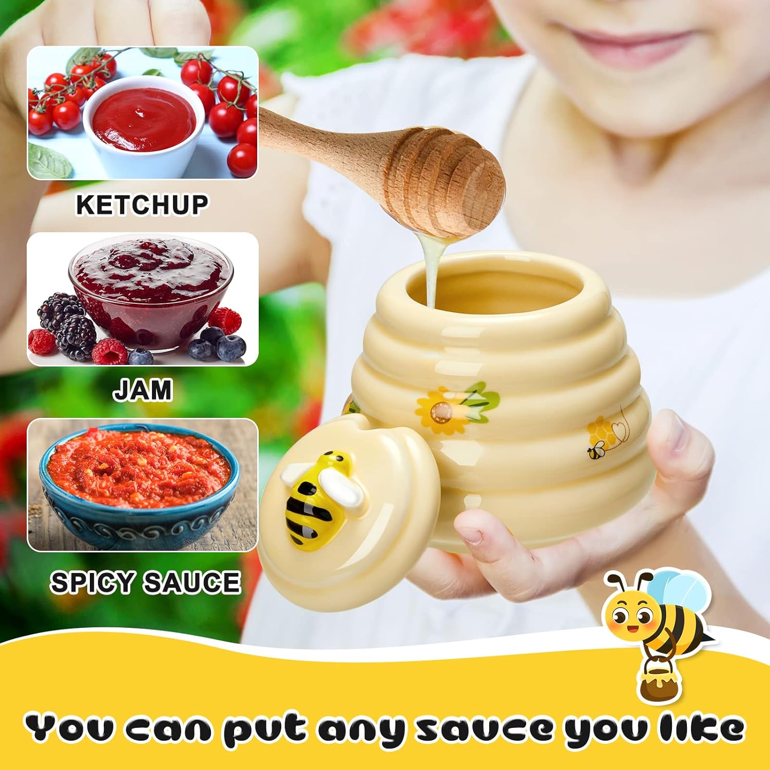 hexagonal honey jars with dip stick