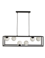 Suspension LED rectangulaire industrielle moderne à 6 lumières avec globes en verre, cadre noir, blanc chaud 3500K, pour plafond de salle à manger