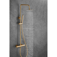 Ensemble de robinetterie de douche thermostatique pour salle de bain, finition dorée, design industriel, avec poignée sculptée à température constante