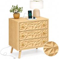 Table de chevet Mid-Century à 3 tiroirs avec design diamant 3D et station de charge, capacité de 150 lb, en chêne naturel pour chambre à coucher