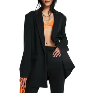 Benutzer definierte hochwertige Mode New Overs ized Lady Langarm Black Wool Knit Blazer für Damen Anzug
