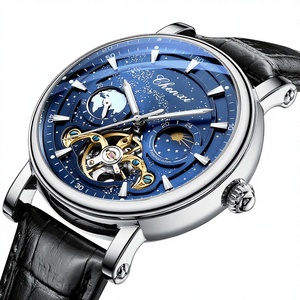 Orologio da uomo meccanico automatico Xinghe Lunar Hollow Flywheel con lancette, cinturino in pelle, cassa in lega, 44mm, impermeabile 30M, luminoso - Product Image 1