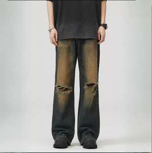 กางเกงยีนส์ทรงตรงของผู้ชายกางเกงยีนส์ฟอกสีลายกรดแนววินเทจ - Product Image 1