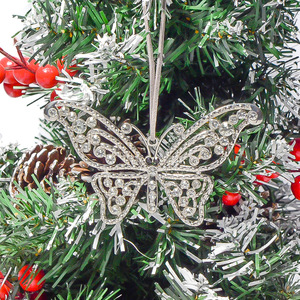 Christmas Pink and Silver Diamond-Studded Butterfly Pendant, Christmas Tree Ornament, Festive Decor, <b>Window</b> Display - Product Image 3