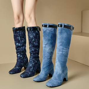 Botas Altas de Mezclilla Anchas para Mujer, Talla Grande 48, con Tacón de Cuña Grueso, Estilo Vaquero, Holgadas, con Hebilla de Cinturón, Botines Largos - Product Image 5