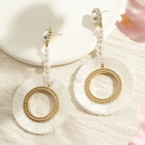 Pearl <b>Tassel</b> Drop <b>Earrings</b> White Round Pearl Zinc Alloy Bezel Setting Women's Everyday Wear 2024 - Product Image 2