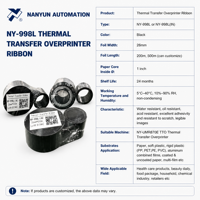Ruban de transfert thermique NY-998L pour l'impression de la date de péremption et du numéro de lot sur film d'emballage 26mm X 200m 26mm X 500m