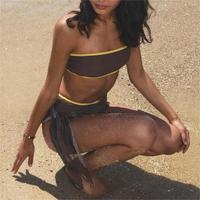 Ensemble de bikini bandeau personnalisé à contraste marron chocolat et jaune, short de surf, maillot de bain deux pièces pour filles, tenue de plage
