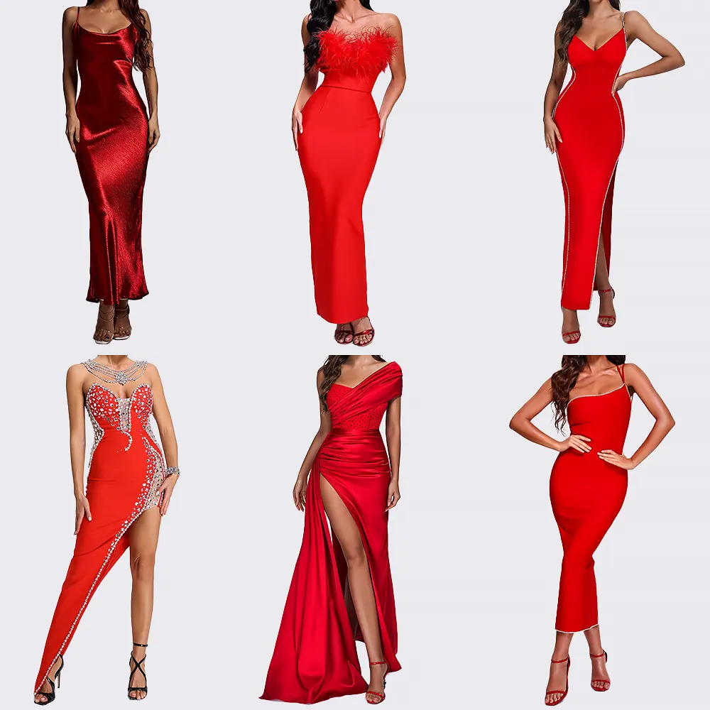 All'ingrosso Mini Midi Maxi aderente con spacco solido da donna elegante festa rossa vestito da sera Sexy da donna per san valentino vestito da donna