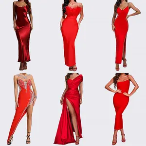 Wholesale Mini Midi Maxi Bodycon Slit Solid Ladies Elegant Red Party Evening Sexy Dress Women For Valentine Day Dress For Women