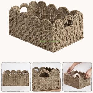 Ecoka Multipurpose Eco-Friendly Handwoven <b>Rectangle</b> Straw Clothing <b>Storage</b> <b>Basket</b> Organizer Scallop Edge Home Decoration - Product Image 5