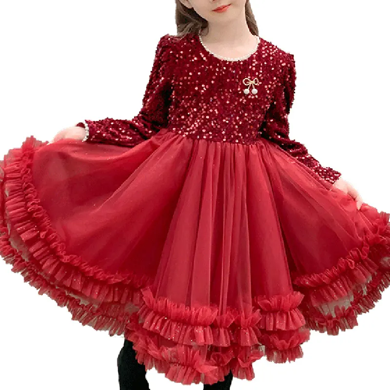 Factory outlet Sequined 6 year old girl dresses Long Sleeve O-Neck Ruffles girls birthday dresses With Party