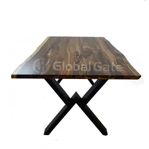 Vente en gros de table en noyer/acacia, modèle de table à manger, table de forme naturelle dans la salle à manger, usine de bois