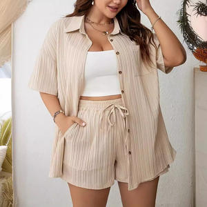 بدلة نسائية جديدة بمقاس كبير صيفية أنيقة كاجوال طقم من قطعتين بنمط صلب ملابس احاديّة - Product Image 3