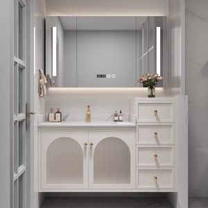 French Cream White Bathroom Vanity Solid Wood Cabinet with Round LED Mirror Ceramic Sink - Product Image 2