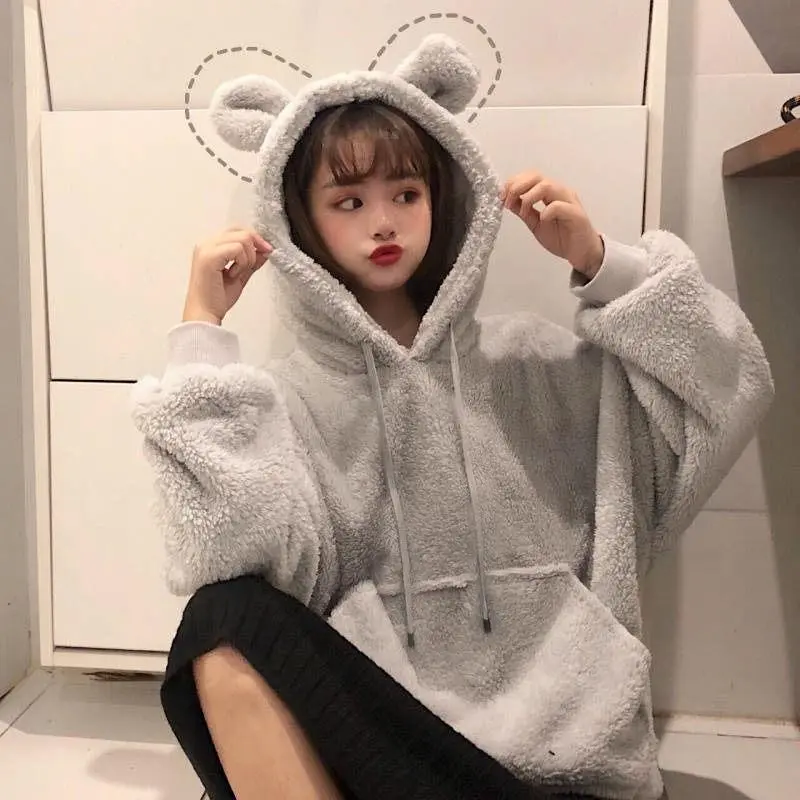 Source Women Hoodies Pullover Girl Winter Loose hoodie hoodie with ears  Warm Outerwear Fluffy Hooded on m.alibaba.com