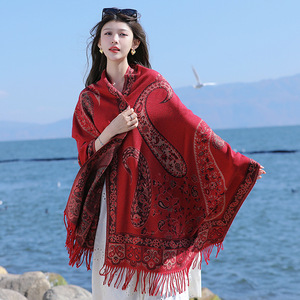 Écharpe-châle double usage pour femme, en <span class=keywords><strong>imitation</strong></span> cachemire épaissi, motif Paisley, style ethnique occidental Feuille du Sichuan, pour l'automne et l'hiver, idéale pour les voyages - Product Image 4