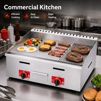 Gril à gaz GPL commercial GH-722, 730 mm, surface plate et striée en acier inoxydable, avec deux boutons de commande et tiroir à huile