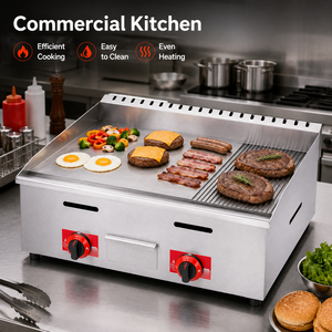 Gril à gaz GPL commercial GH-722, 730 mm, surface plate et striée en acier inoxydable, avec deux boutons de commande et tiroir à huile - Product Image 5