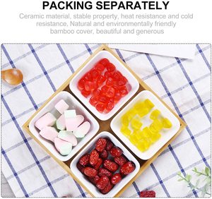 Bandeja de Cerámica para Servir Aperitivos con 4 Compartimentos, Plato de Postre Estilo Japonés, Plato para Condimentos y Aperitivos con Tapa de Bambú para Alimentos - Product Image 4