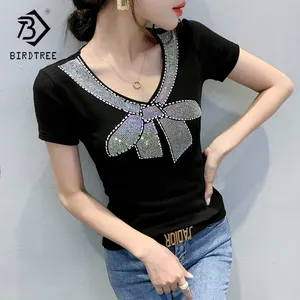 Camiseta feminina preta com decote em v, manga curta, com miçangas e diamantes, sexy, transparente, para o verão t25601