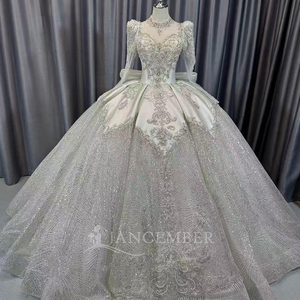 Lscm95 Luxury Ivory Ball Gown <b>Wedding</b> Dress Crystal Beaded Illusion Long Sleeve Corset Bridal Gown Glitter Jancember - Product Image 6