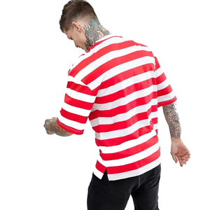 T-shirt Oversize in cotone classico di ultima progettazione, rosso <span class=keywords><strong>e</strong></span> bianco, a <span class=keywords><strong>righe</strong></span> orizzontali O collo da uomo - Product Image 2